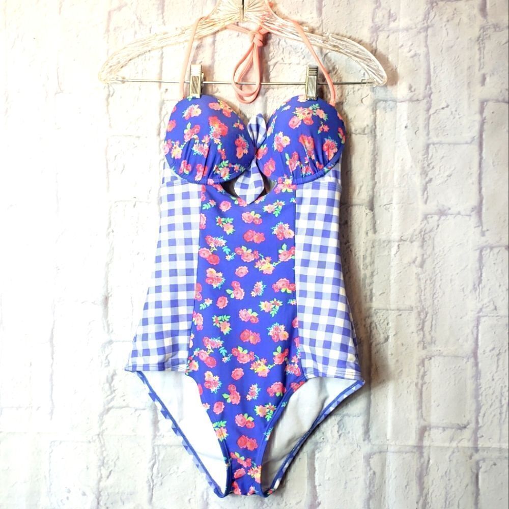 BONGO Gingham & Floral One Piece Swim Suit Medium